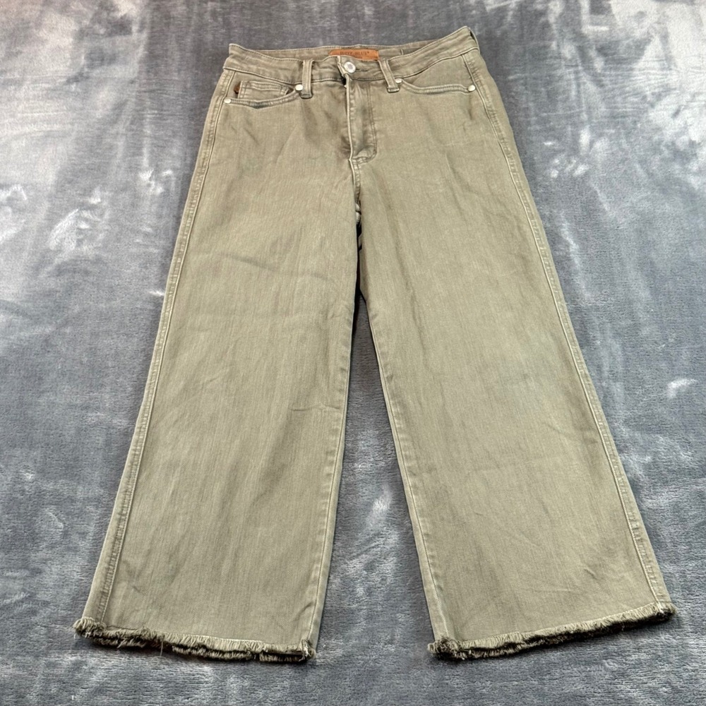 Judy Blue Olive‎ Green Garment Dyed Wide Leg Raw Hem High Rise Jeans Size 5/27